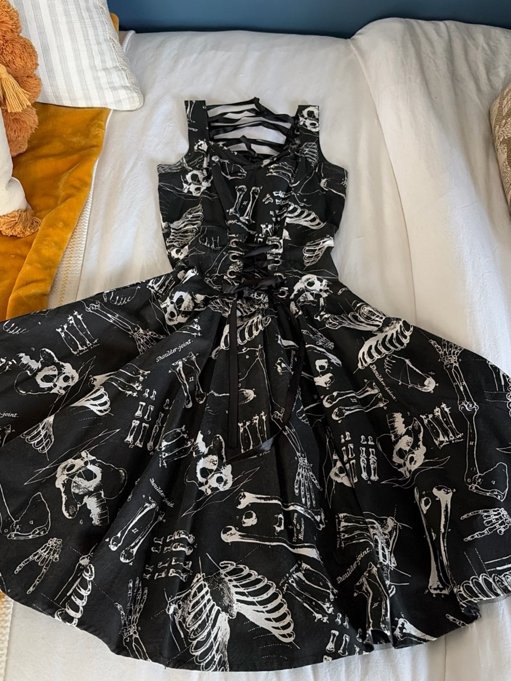 Gothic Lace-Up Skeleton Print Dress — Black & White